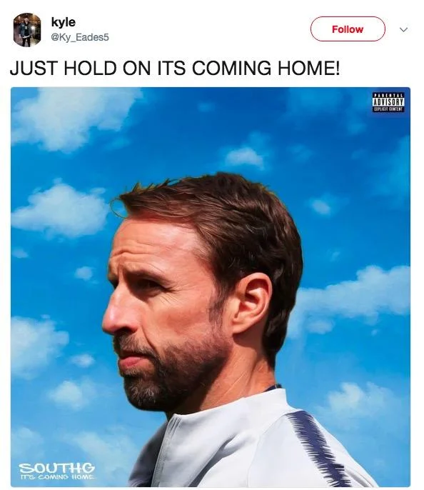 Tweet showing a mock album cover of Gareth Southgate titled 'SOUTHG - It's Coming Home' with parental advisory sticker.
