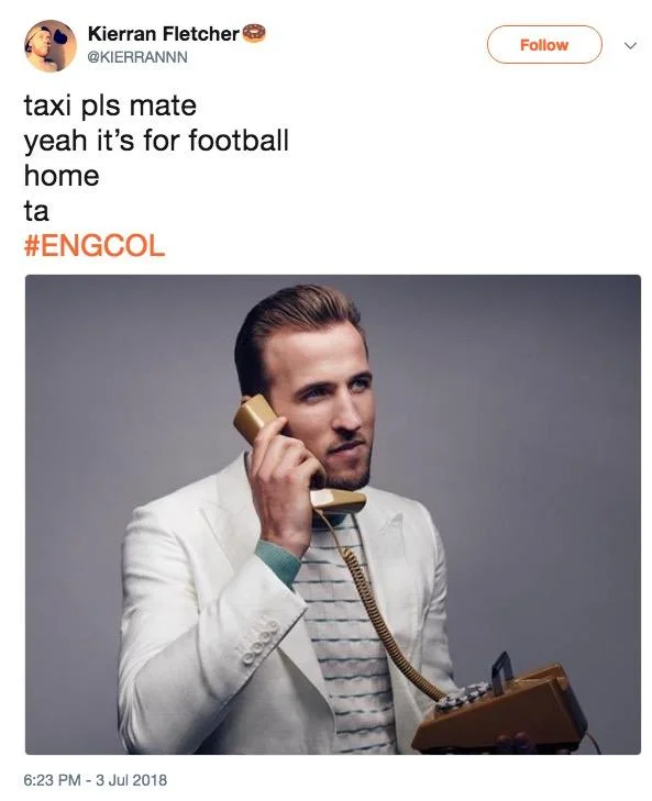 It's Coming Home — Tweet joking about ordering a taxi for football to come home, with photo of Harry Kane holding a gold phone.