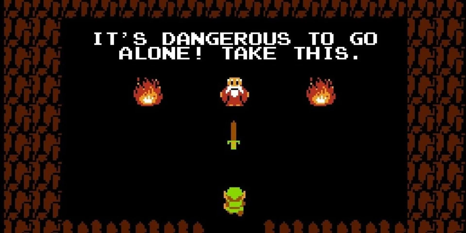 Its Dangerous To Go Alone Take This — Original Legend of Zelda NES cave scene where an old man offers Link a sword with the caption 'It's dangerous to go
