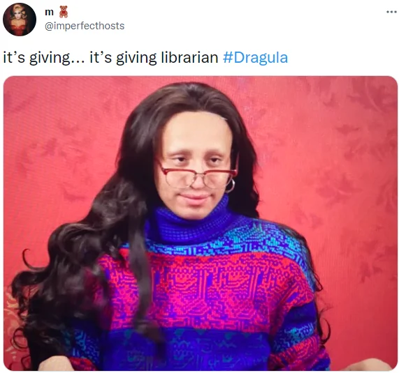 Orange emoji with closed eyes wearing headphones with text 'it's giving, it's giving....'