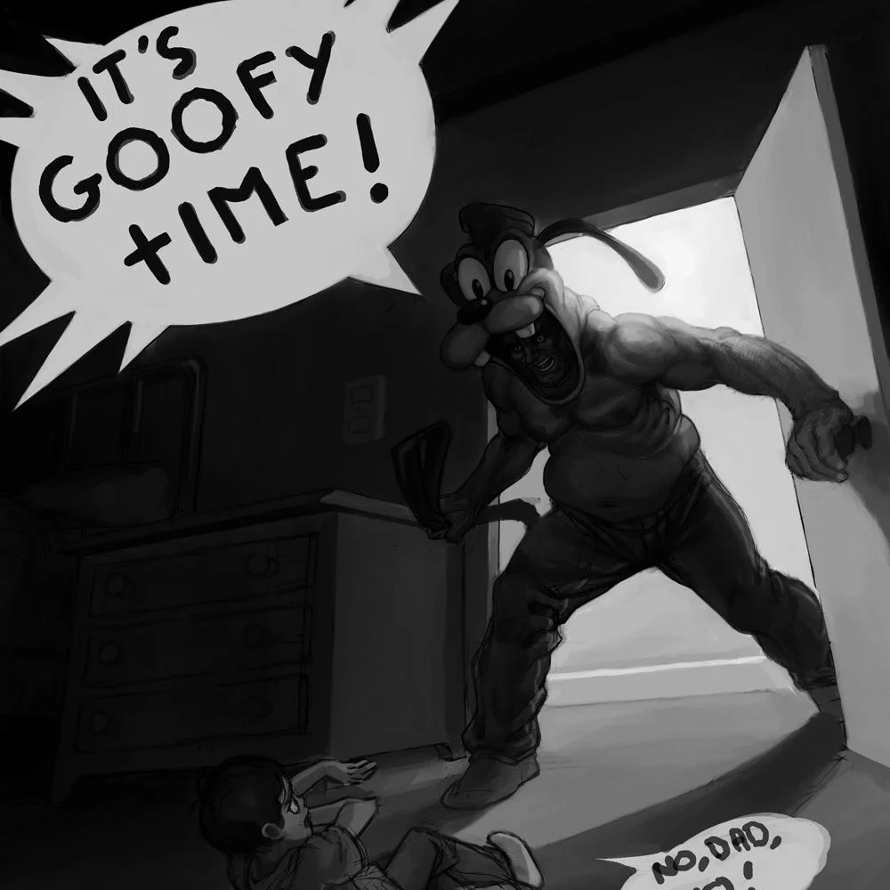 Muscular Goofy kicking open a door yelling 'It's Goofy Time!' while a child cowers on the floor