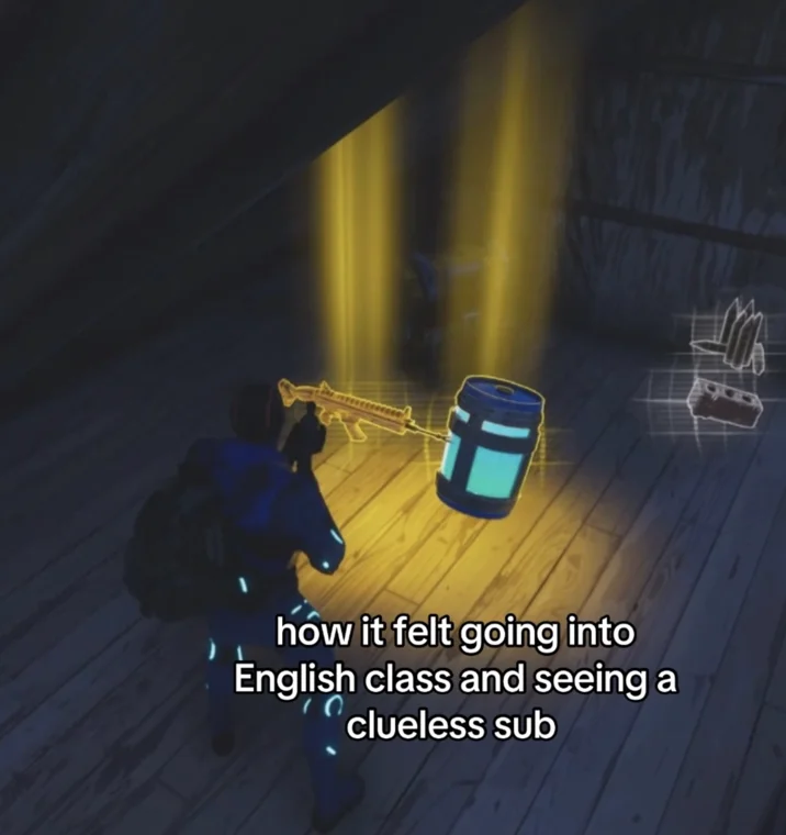 It's Like Finding a Gold Scar — Fortnite meme comparing a gold weapon find to seeing a substitute teacher in English class.