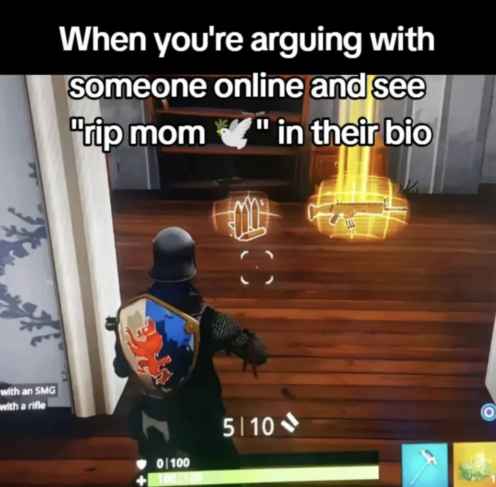 It's Like Finding a Gold Scar — Fortnite knight character near a gold SCAR rifle with a meme caption about 'rip mom' bios.