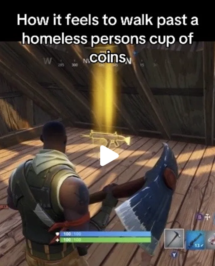 It's Like Finding a Gold Scar — TikTok still of the gold SCAR Fortnite scene with a crude caption about homeless people.