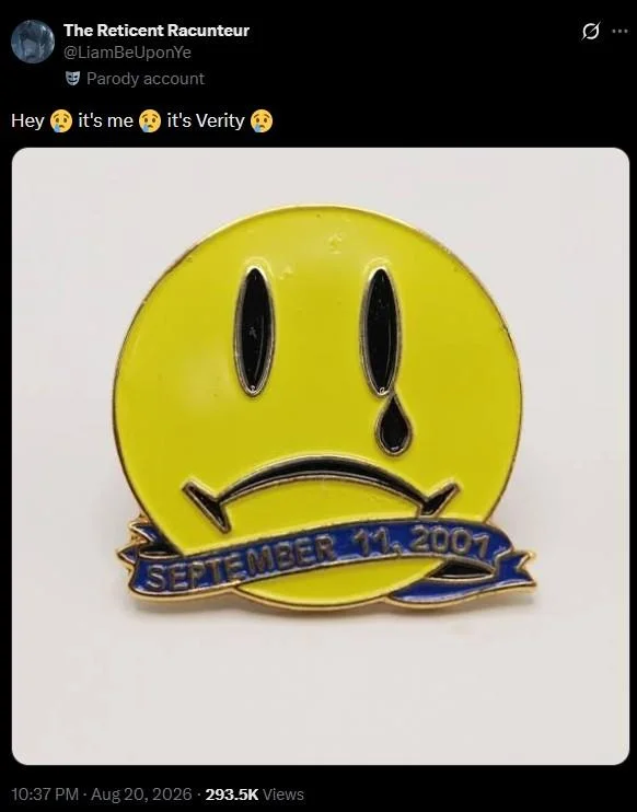 It's Me, It's Verity — Tweet screenshot showing a September 11, 2001 memorial smiley pin with the caption 'Hey it's me it's Verity'