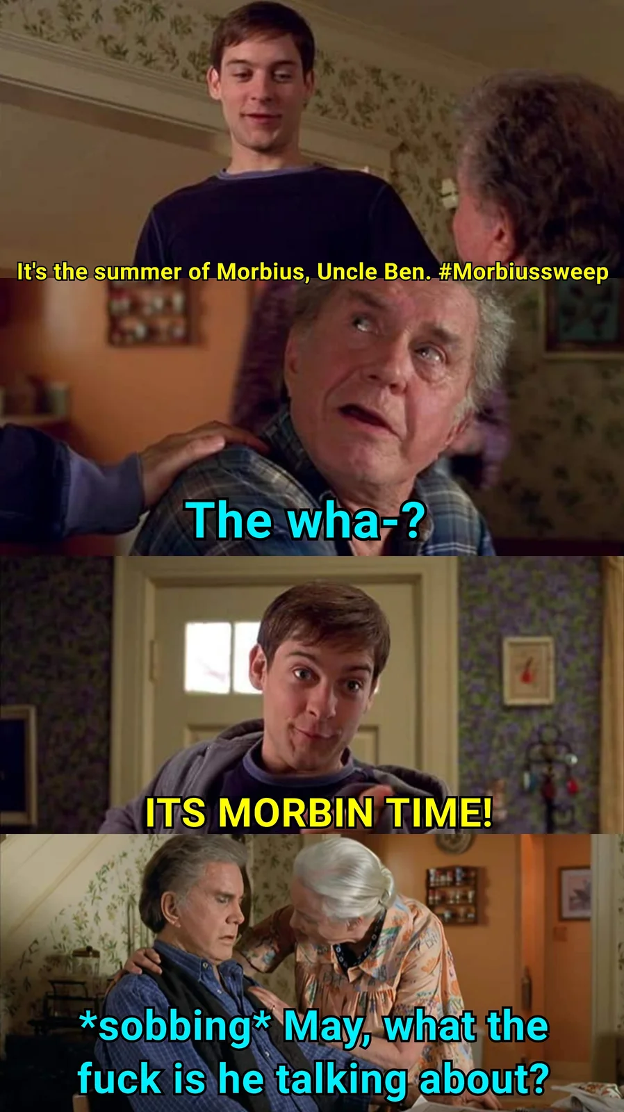 It's Morbin Time — A multi-panel meme in 'It's Always Sunny' style discussing fictional Morbius 2 scenes.
