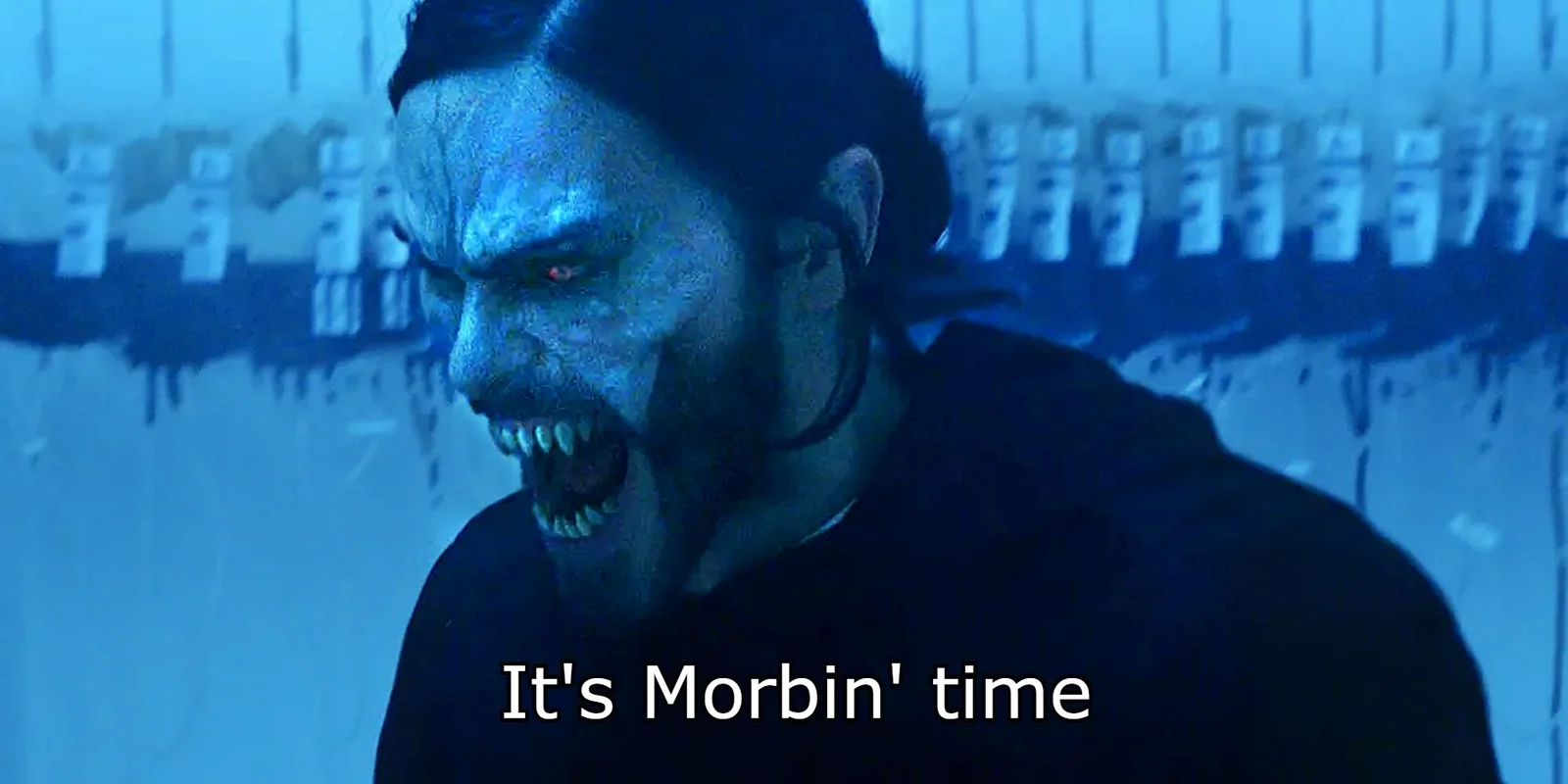 It's Morbin Time — A scene from Morbius featuring the protagonist with ethereal blue tint and dramatic coloring, captioned with 'It's Morbin' time.'