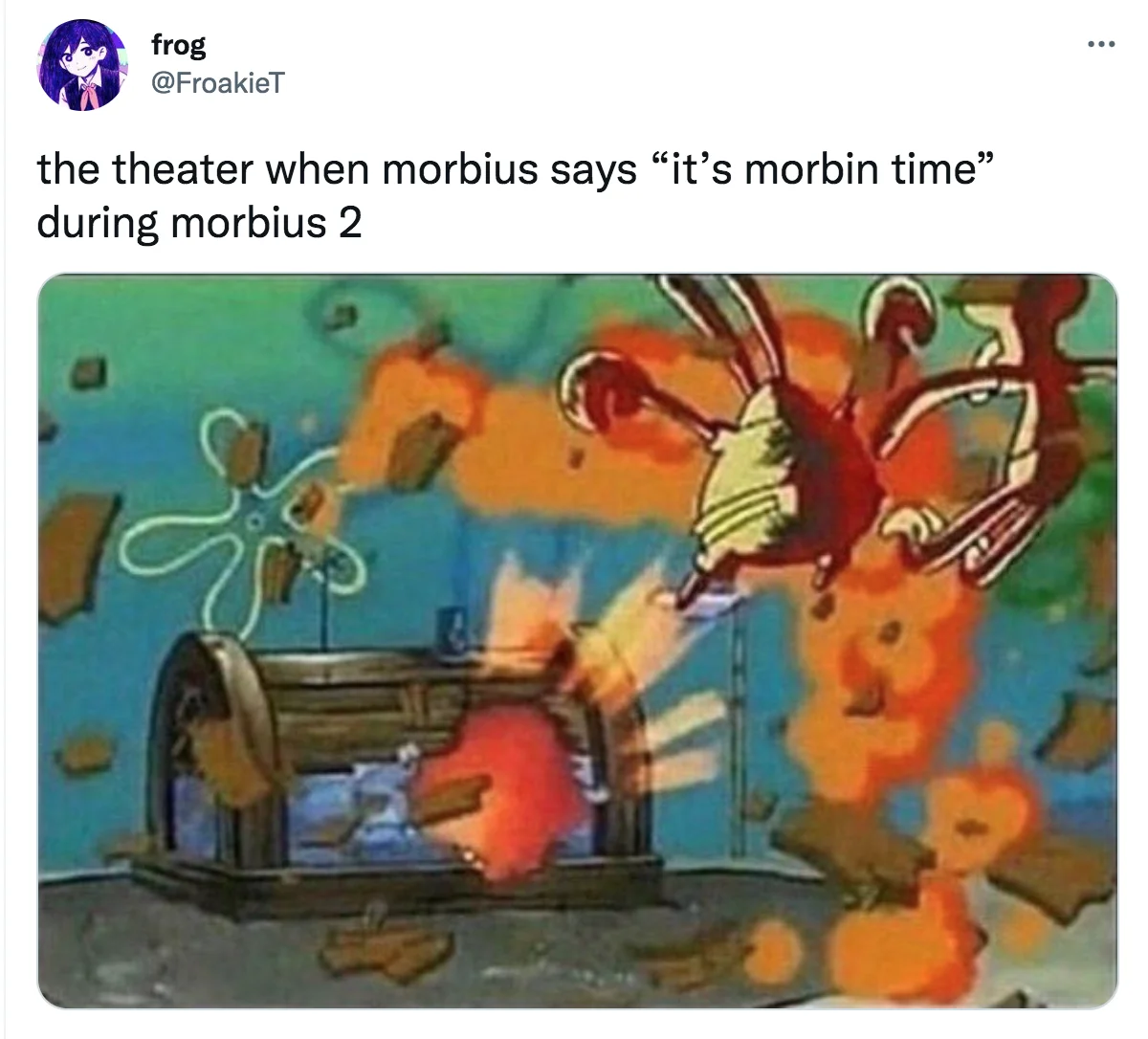 It's Morbin Time — A Twitter post with cartoon characters in an explosion scene reacting to the fictional Morbius catchphrase.