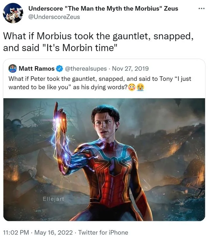 It's Morbin Time — A Twitter thread discussing a fictional alternate reality where Morbius has the Infinity Gauntlet.