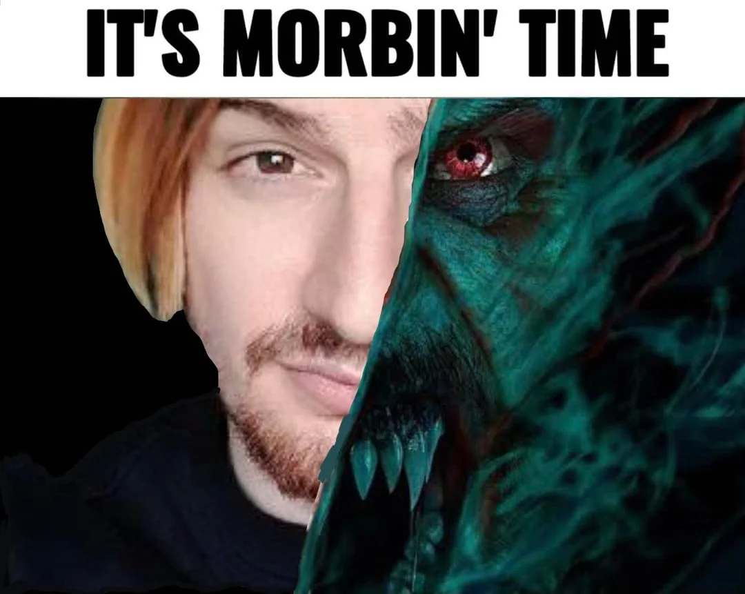 It's Morbin Time — A split-image macro comparing Jared Leto's human appearance with his vampire transformation, captioned 'IT'S MORBIN' TIME.'