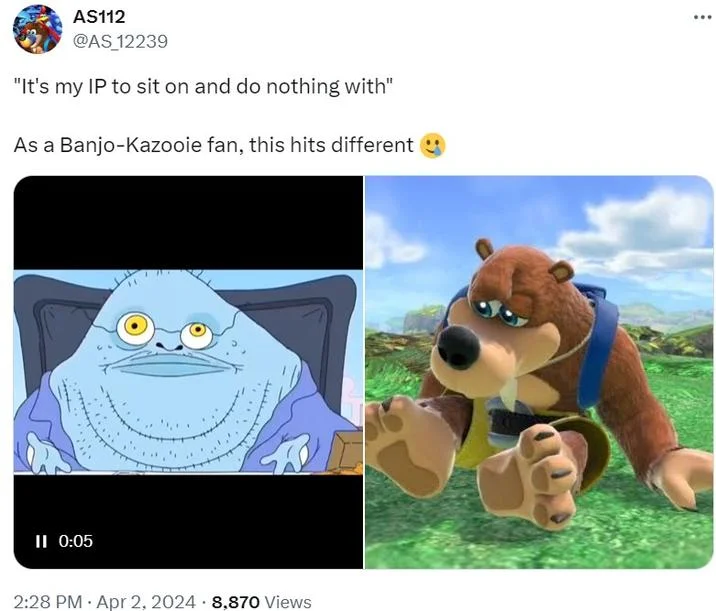 Its My Ip To Sit On And Do Nothing With — Tweet comparing the blue blob meme to Microsoft's neglect of Banjo-Kazooie.