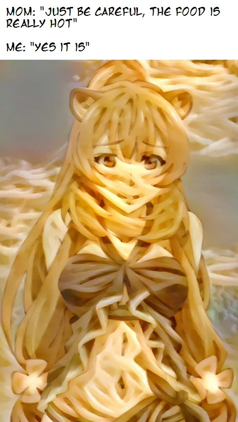 It's Not That Hot, Just Eat — Anime girl made of noodles under 'the food is really hot / Yes it is' caption