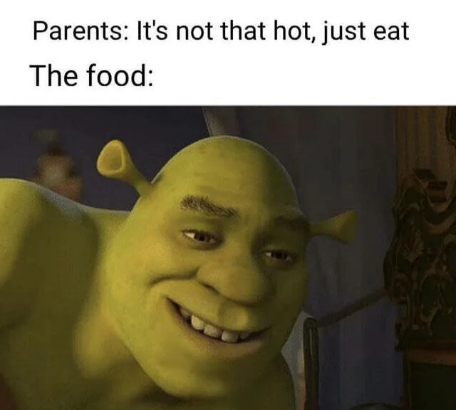 It's Not That Hot, Just Eat — Smirking Shrek close-up under 'not that hot, just eat' caption