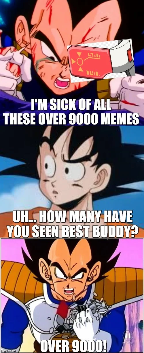 It's Over 9000 — Two-panel meme combining a parked Volkswagen photograph with Vegeta's dramatic power-up scene to humorously rate the car's power level.