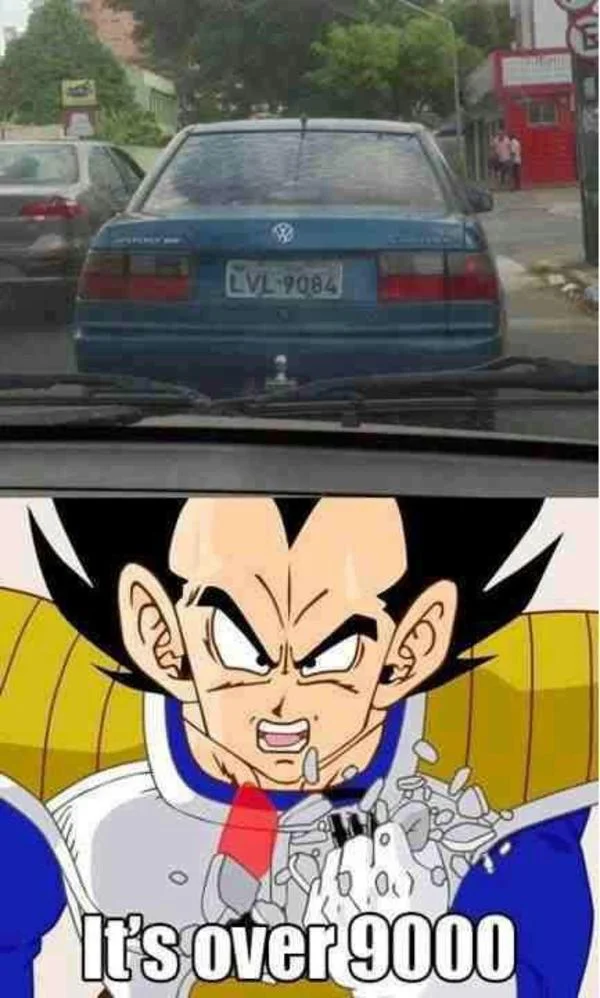 It's Over 9000 — Two-panel meme combining parked Volkswagen photograph with Vegeta power-up scene.