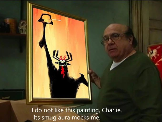 Its Smug Aura Mocks Me — Frank Reynolds holds a painting of villain Aku from Samurai Jack