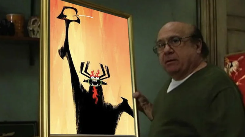 Its Smug Aura Mocks Me — Frank Reynolds holding a framed painting of Aku from Samurai Jack