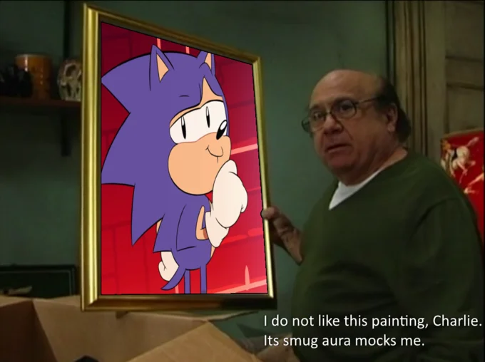 Its Smug Aura Mocks Me — Frank Reynolds holds a painting of Sonic the Hedgehog looking smug