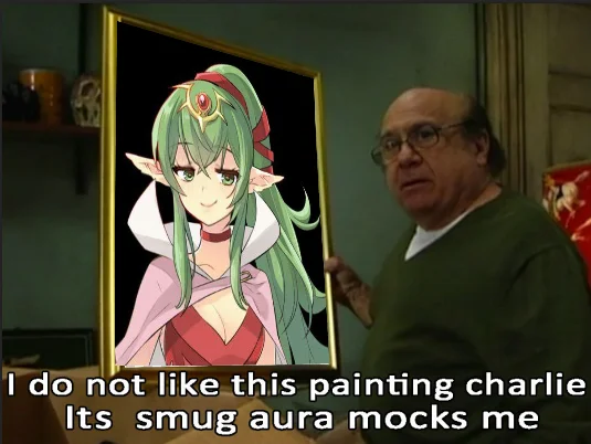 Its Smug Aura Mocks Me — Frank Reynolds holds a painting of Tiki from Fire Emblem