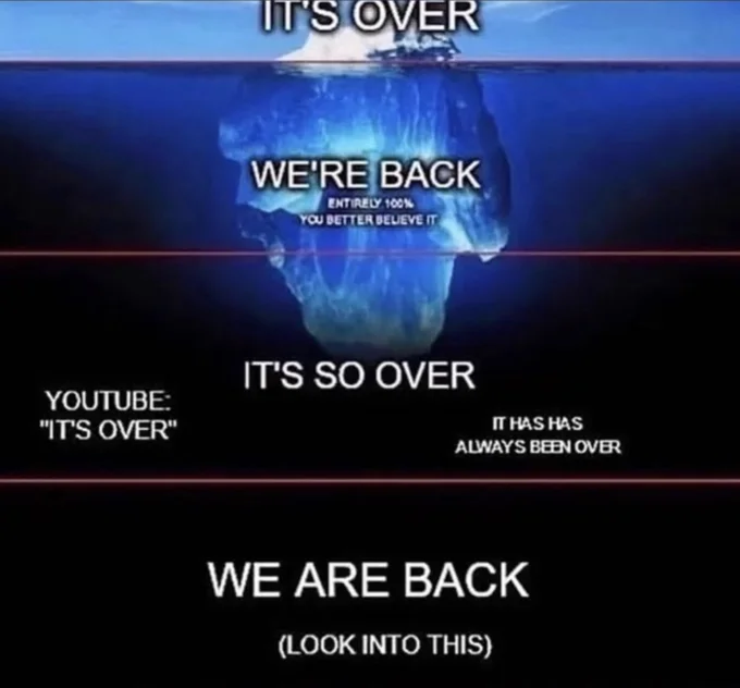 Its So Over vs We're So Back — A multi-layered iceberg meme applying 'It's over' and 'We're back' to different levels of internet culture awareness and depth.