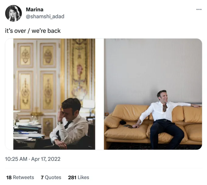 Its So Over vs We're So Back — Two photos of Emmanuel Macron: slumped dejectedly at his desk labeled 'it's over' and leaning back casually on a sofa labeled