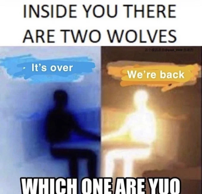 Its So Over vs We're So Back — A yin-yang symbol with the white half labeled 'we're so back' and the black half labeled 'it's so over,' with opposing phrases