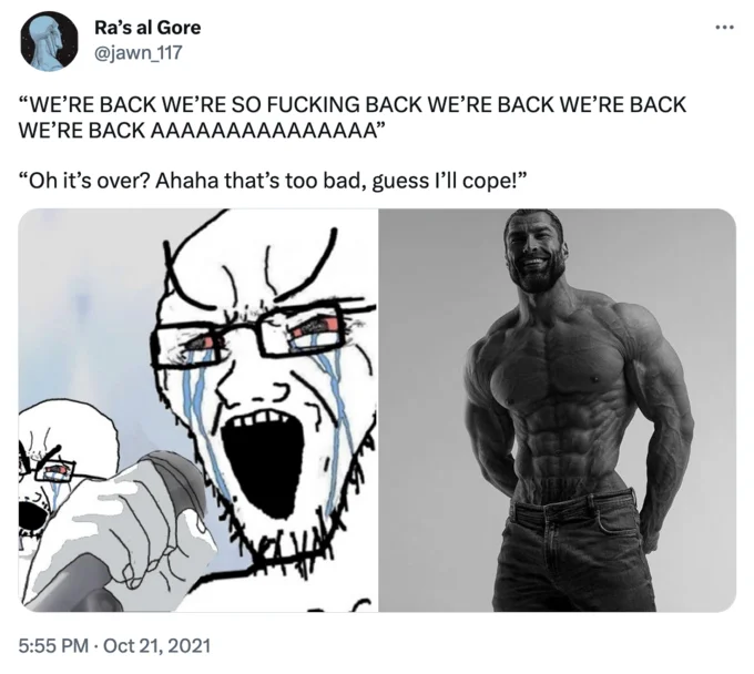 Its So Over vs We're So Back — A tweet showing a screaming Wojak on the left representing 'we're so back' and a stoic muscular man on the right representing