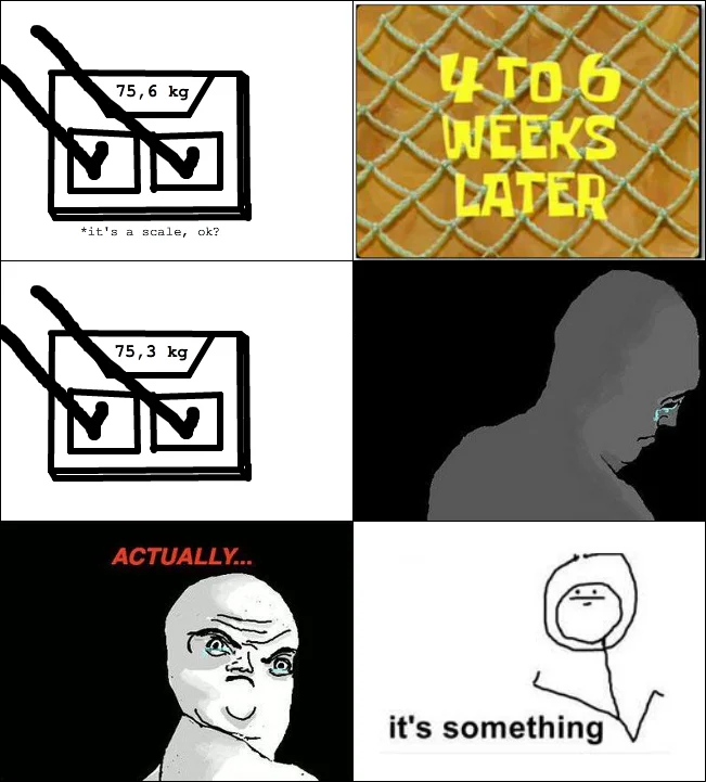 Rage comic about losing 0.3 kg in weeks ending with 'it's something'