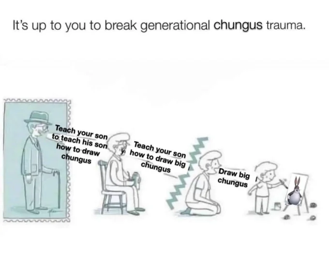 Its Up To You To Break Generational Trauma — Big Chungus parody of the generational trauma meme with speech bubbles about drawing chungus