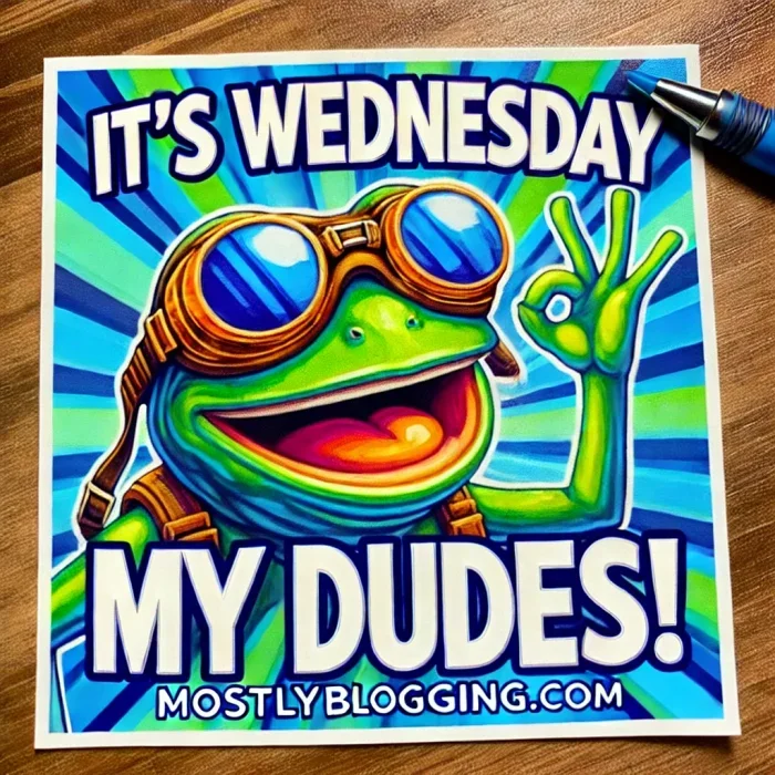 It's Wednesday My Dudes — A stylized frog wearing sunglasses with neon and gradient effects and pop-art style text 'IT'S WEDNESDAY' and 'MY DUDES!'