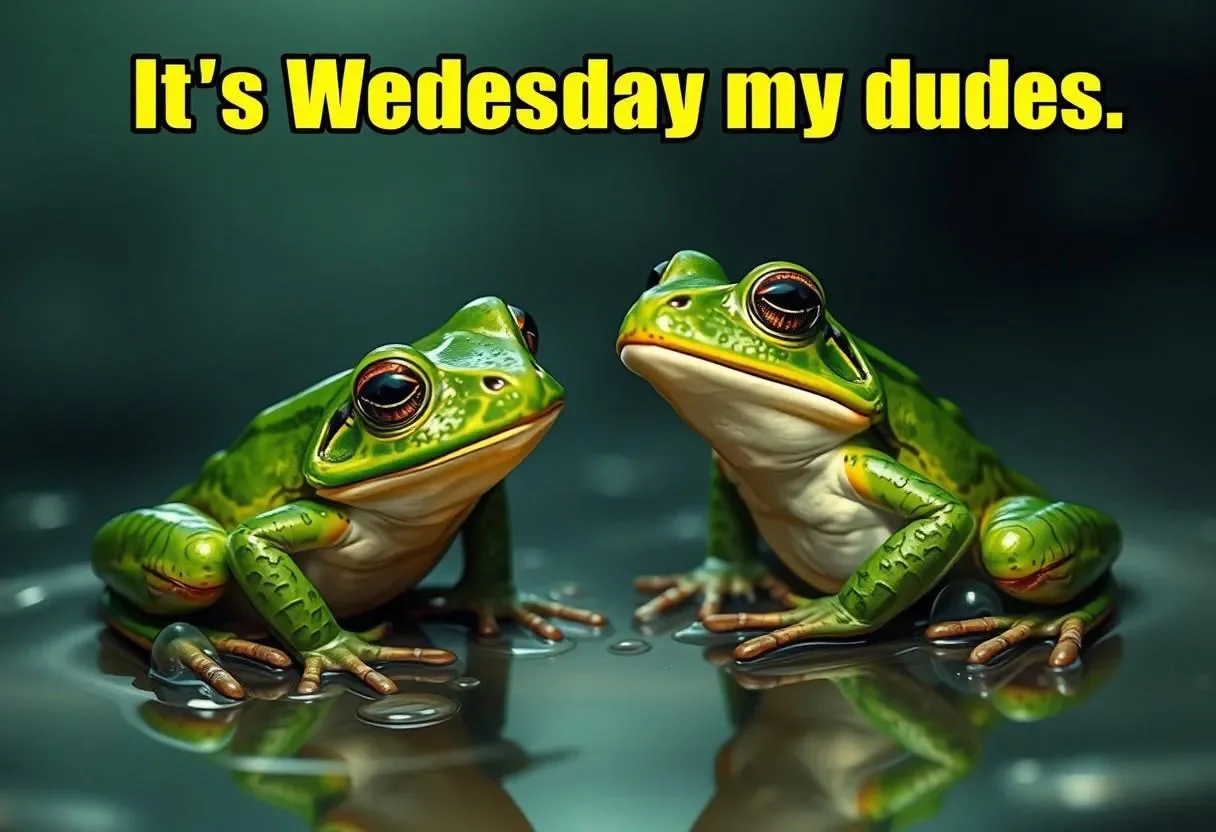 Two green frogs against a moody atmospheric background with water reflections and yellow text reading 'It's Wednesday my dudes.'