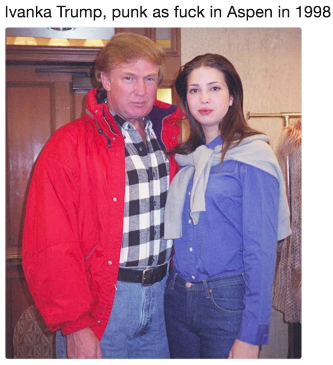 Ivanka Trumps Punk Phase — A 1990s photo of teenage Ivanka Trump with Donald Trump in Aspen resort wear, captioned sarcastically as 'punk as fuck.'