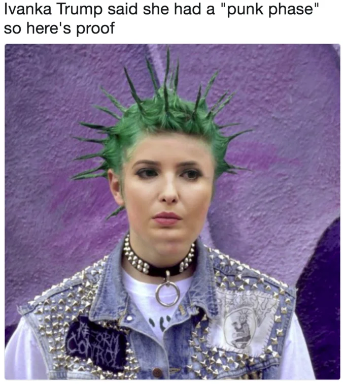 Ivanka Trumps Punk Phase — A photoshopped portrait of Ivanka Trump with a green spiked mohawk, studded vest, and choker necklace against a graffiti wall.