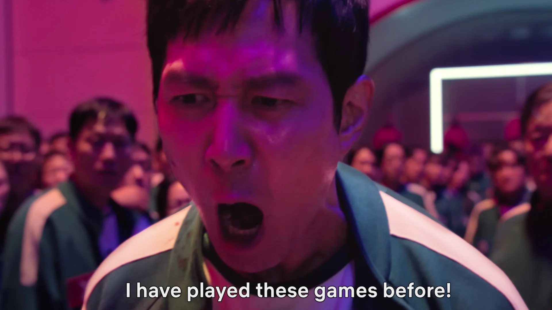 Ive Played These Games Before — Squid Game character Gi-hun yelling with subtitle 'I have played these games before!'