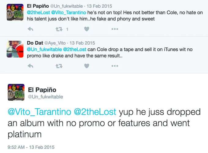 J Cole Went Platinum With No Features — Twitter screenshot from February 2015 stating J. Cole dropped an album with no promo or features and went platinum