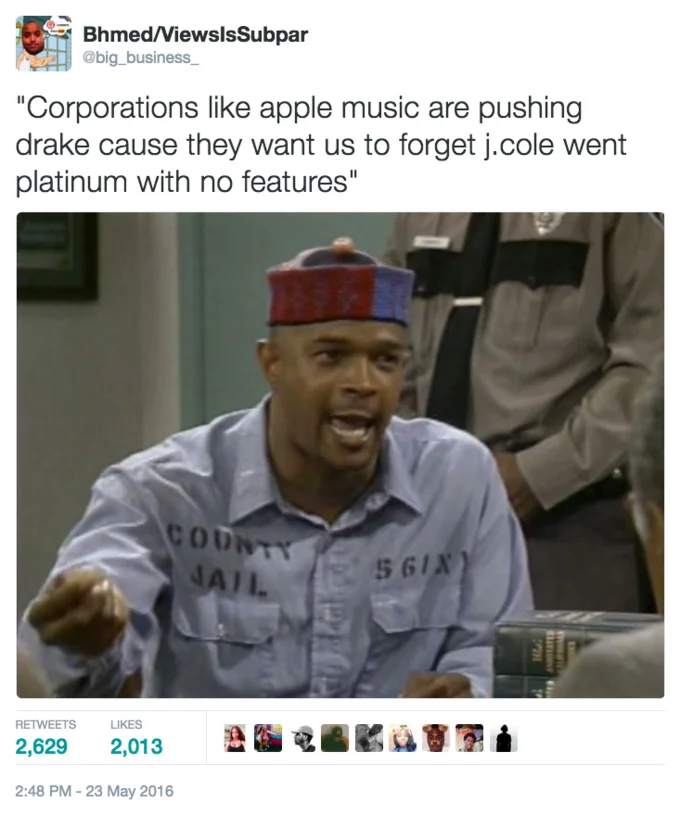 J Cole Went Platinum With No Features — Meme with Damon Wayans Oswald Bates joking about corporations hiding J. Cole's no-features platinum success