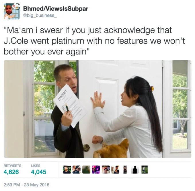 J Cole Went Platinum With No Features — Salesman-at-door meme captioned about acknowledging J. Cole went platinum with no features