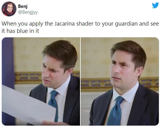 Jonathan Swan Trump interview meme reacting to the Jacarina shader turning a weapon blue