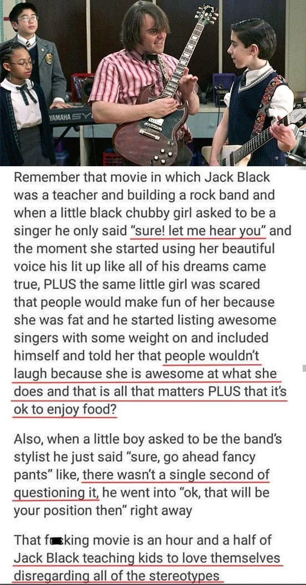 School of Rock still with Jack Black teaching kids, paired with a Tumblr appreciation post praising the film's positive messages