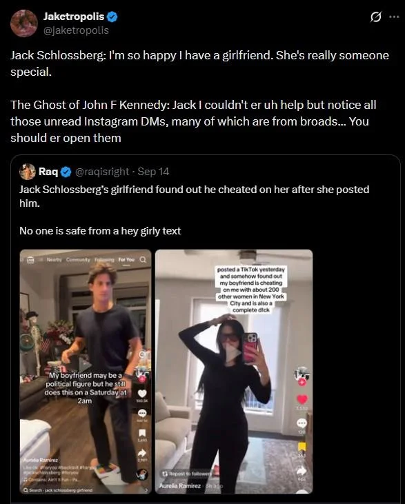 Jack Schlossberg Cheating Allegations and Hoax — Jaketropolis tweet joking about the ghost of JFK teasing Jack Schlossberg over Instagram DMs.
