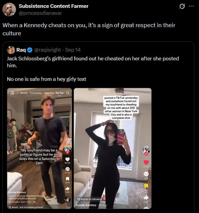 Jack Schlossberg Cheating Allegations and Hoax — Tweet joking that being cheated on by a Kennedy is a sign of respect in their culture.