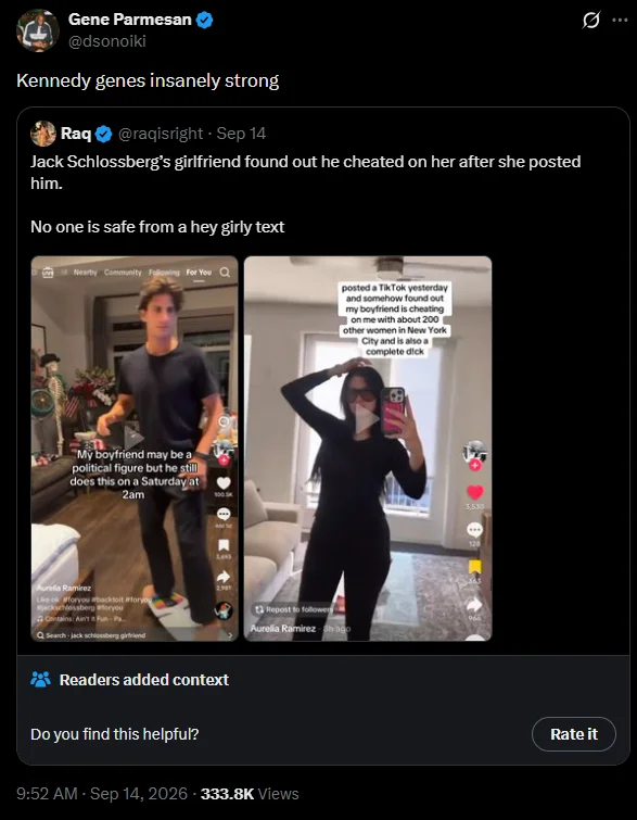 Jack Schlossberg Cheating Allegations and Hoax — Tweet joking that Kennedy genes are insanely strong, quote-tweeting the viral Schlossberg thread.
