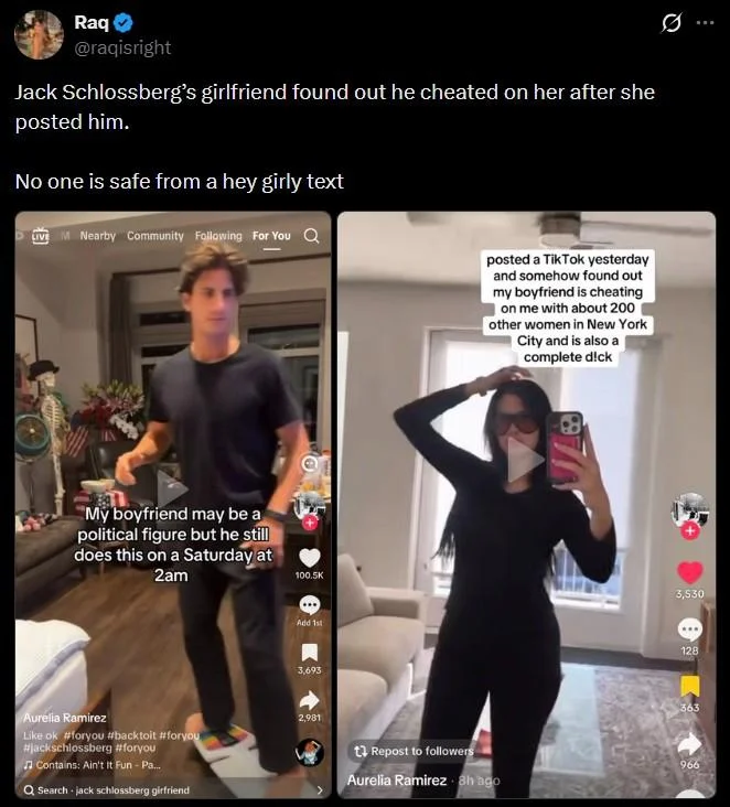 Jack Schlossberg Cheating Allegations and Hoax — Twitter post from Raq sharing the Aurelia Ramirez cheating allegation TikToks.