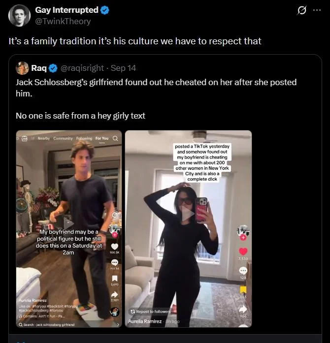 Jack Schlossberg Cheating Allegations and Hoax — TwinkTheory tweet joking that Kennedy cheating is family tradition and culture.