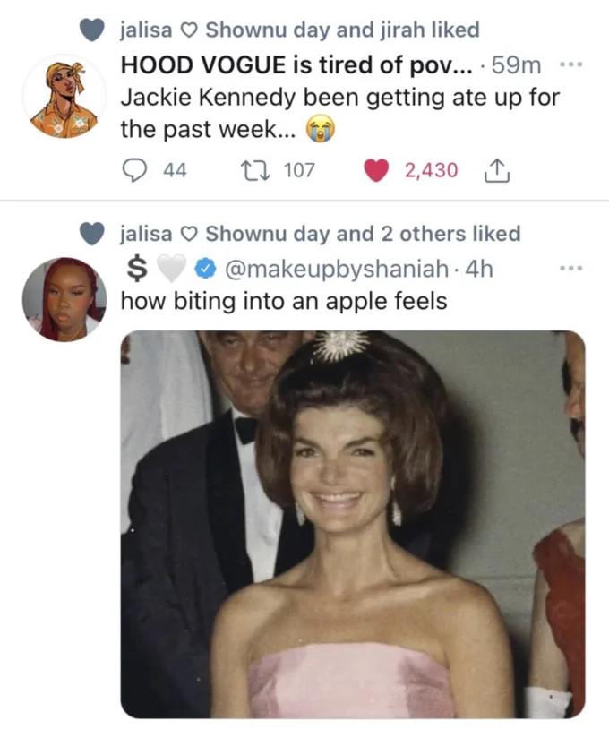 Jackie Kennedy Eats Sheet Metal — Tweet captioned jackie kennedy outside the scrap metal yard with person peeking over a blanket