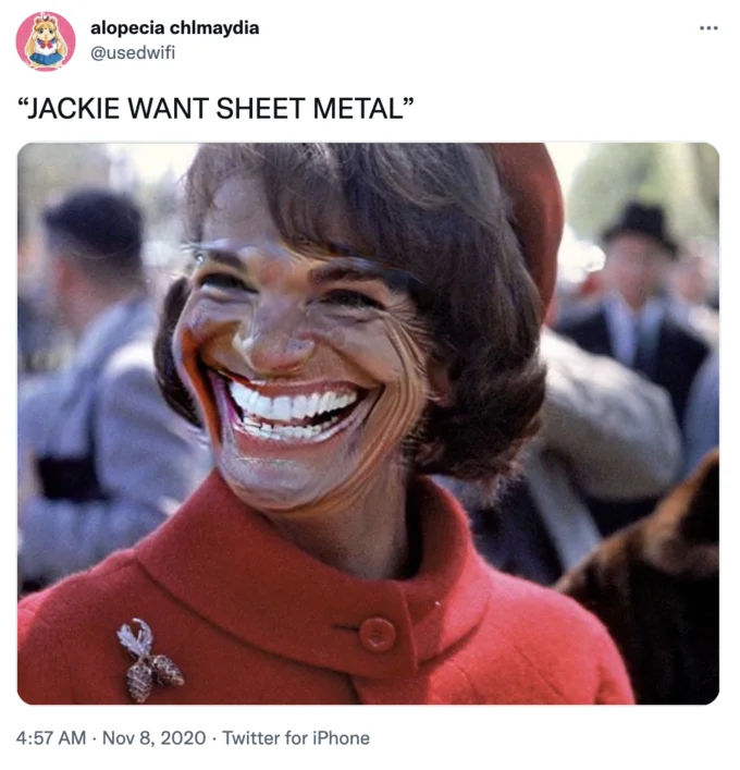 Jackie Kennedy Eats Sheet Metal — Tweet by @BhadDhad reading JACKIE WANT HERSHEY with Jackie Kennedy photo