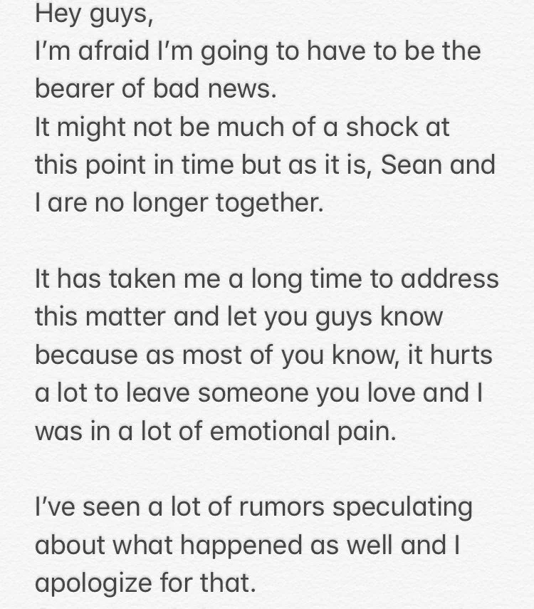 Text screenshot announcing that Sean (Jacksepticeye) and the writer are no longer together.