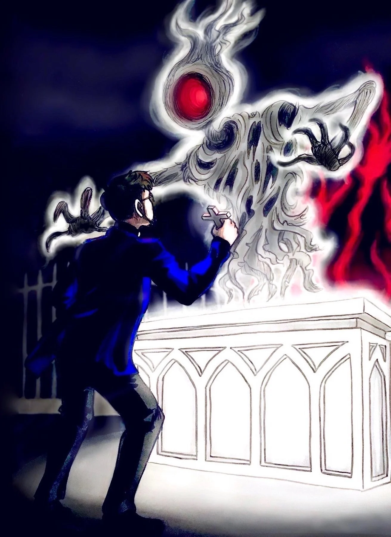 Fan art of Jacksepticeye holding a cross against a large demon in a churchyard.