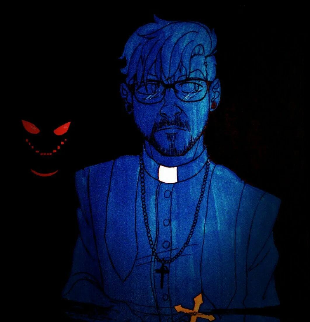 Fan art of Jacksepticeye as a priest facing a red-eyed demon.