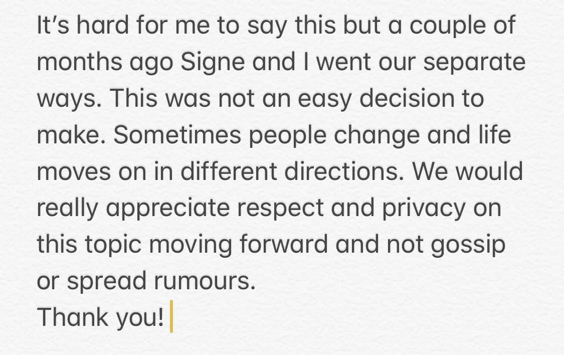 Text screenshot from Jacksepticeye confirming his split from Signe and asking for privacy.